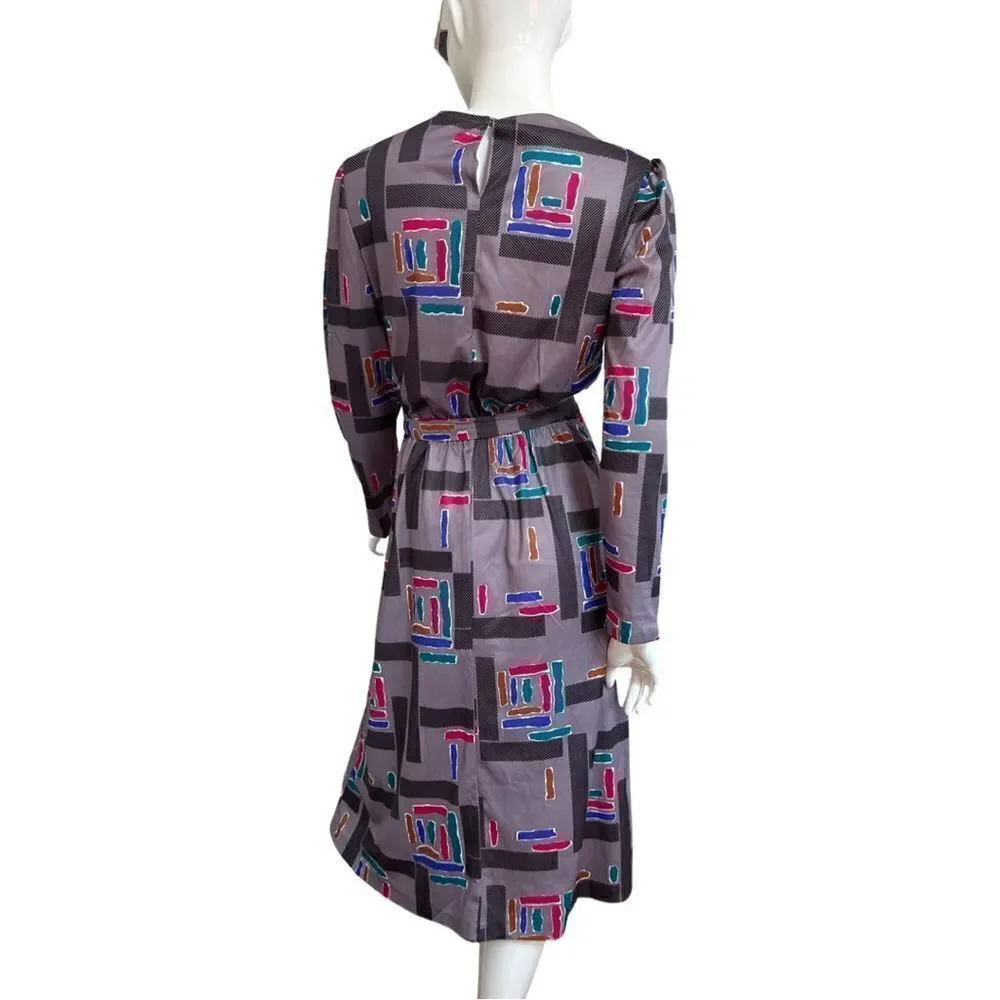 Vintage 1980s Geometric Rainbow Ruffle Neck Cinch Waist Belted Midi Dress